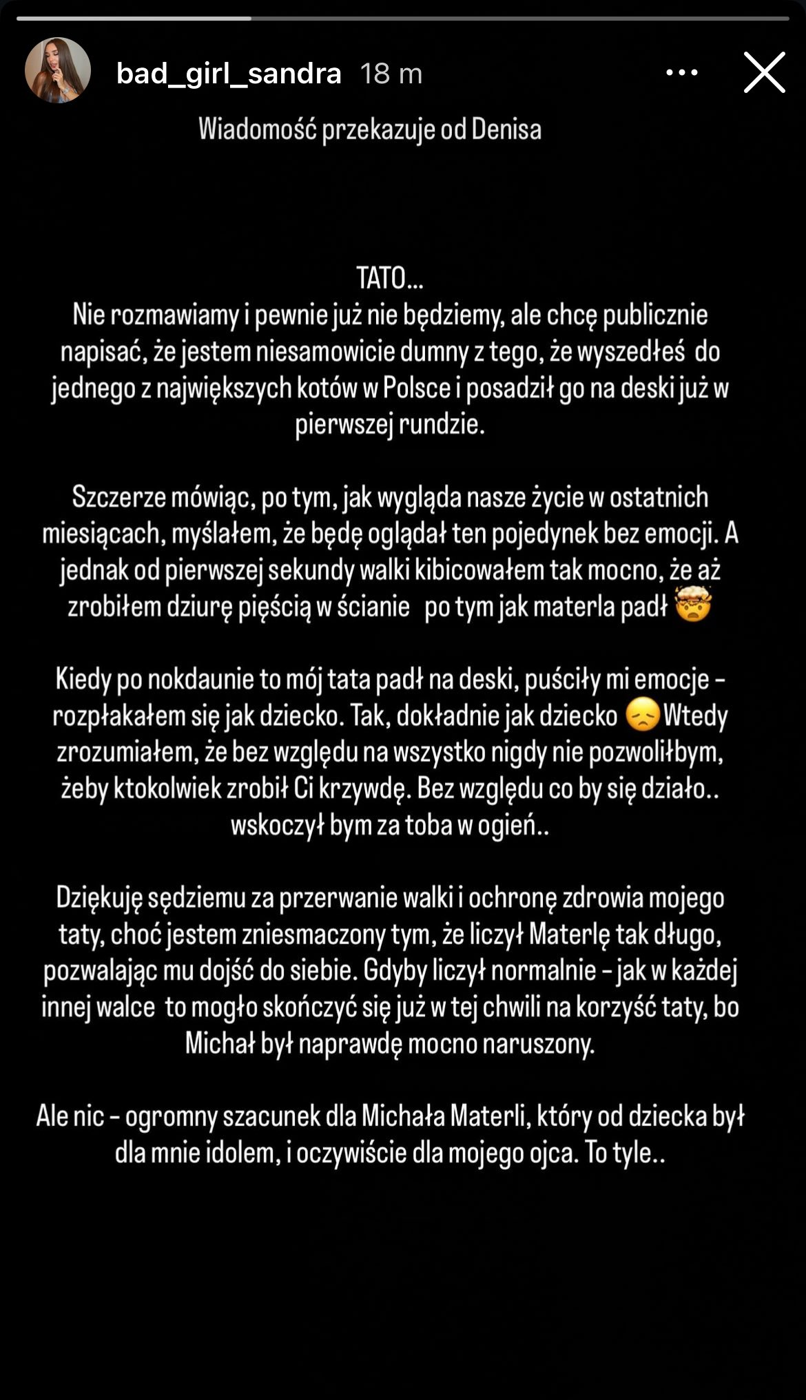 Emocjonalny wpis Denisa Załęckiego po nokaucie Materli na jego ojcu: Rozpłakałem się jak dziecko