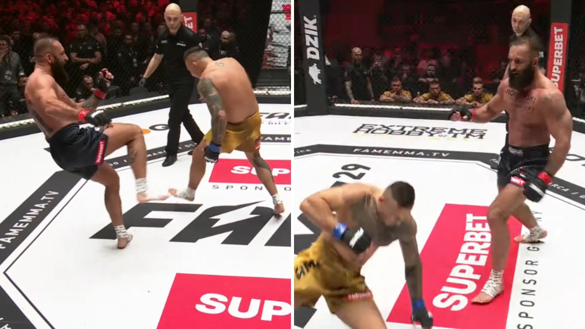 FAME MMA 29: Załęcki zdemolował Szachtę. Srogie kopnięcia na nogę przerwały walkę!